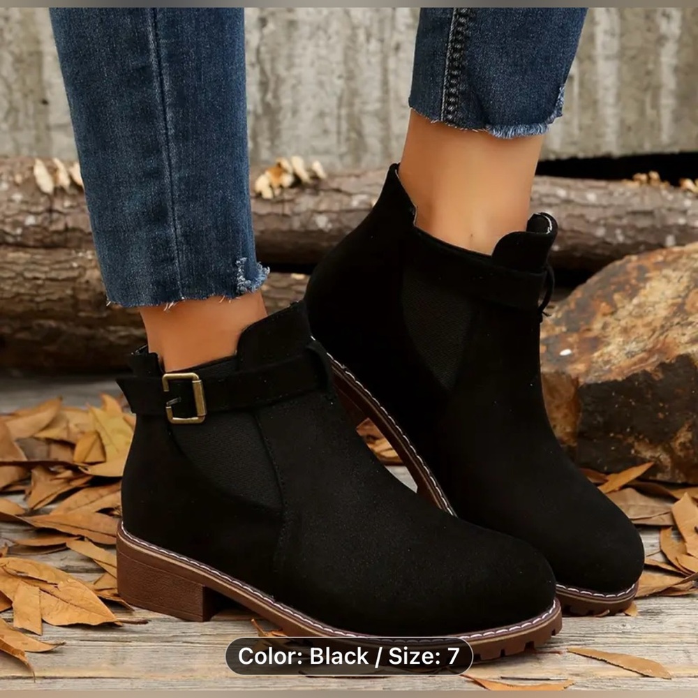 NEW Black Ankle Boots, size 7, slip-on, low heel, fabric shoe, white stitch